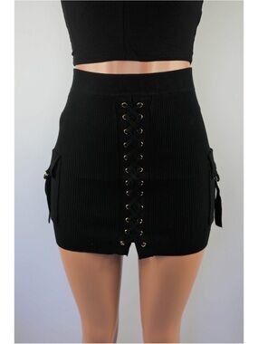 Black Ribbed Lace-Up Mini Skirt